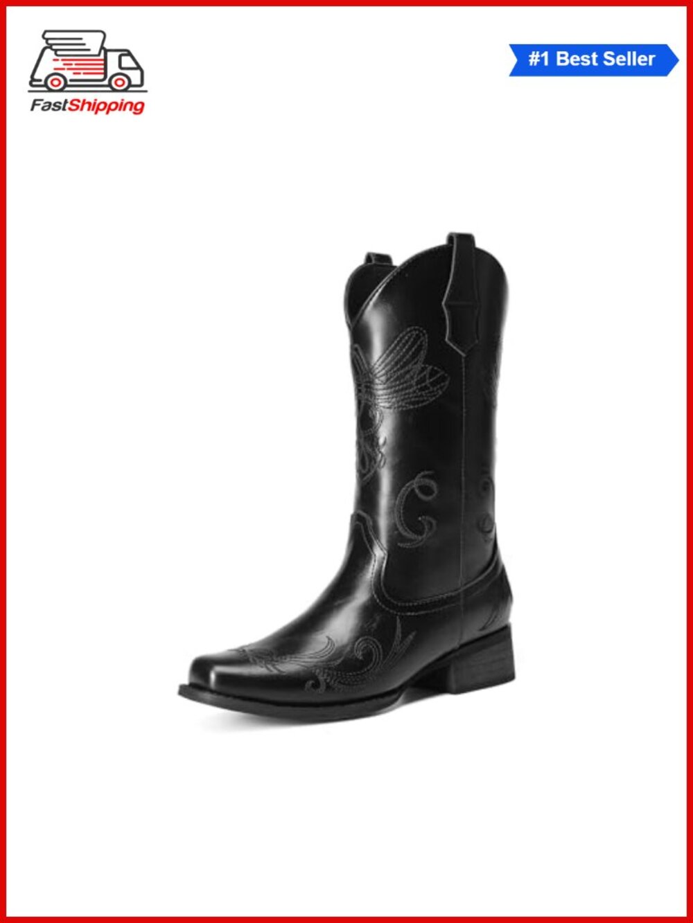 ✨ Mid Calf Cowboy Cowgirl Boots Square Toe Embroidered Faux Leather